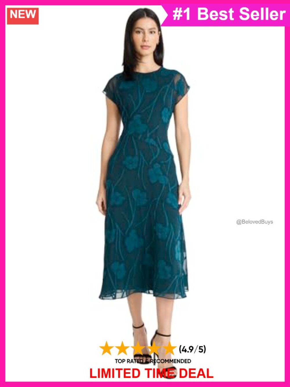 Floral Jacquard A-Line Midi Dress Cap Sleeve Round Neck Wedding Guest